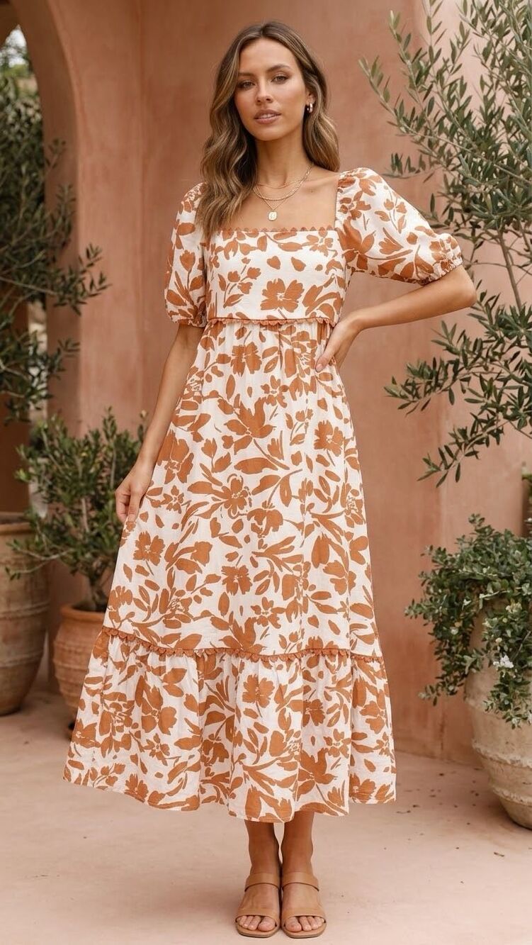 Blu Pepper Rust Floral Tiered Midi Dress – Size M B21